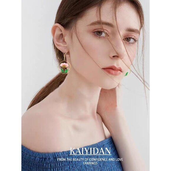 Rose Pink Dry Flower Statement Vintage Long Summer Earring for Women Jewelry - Picture 8 of 9